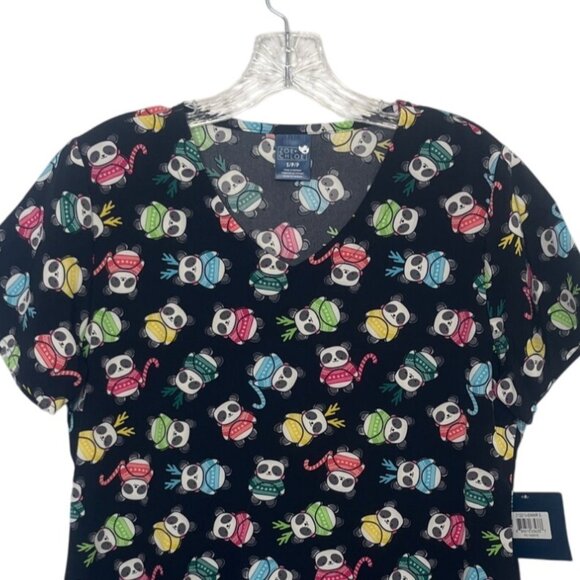 Zoe Chloe Panda Print Scrub Top Shirt Womens Small New Black Multicolor - Picture 3 of 10